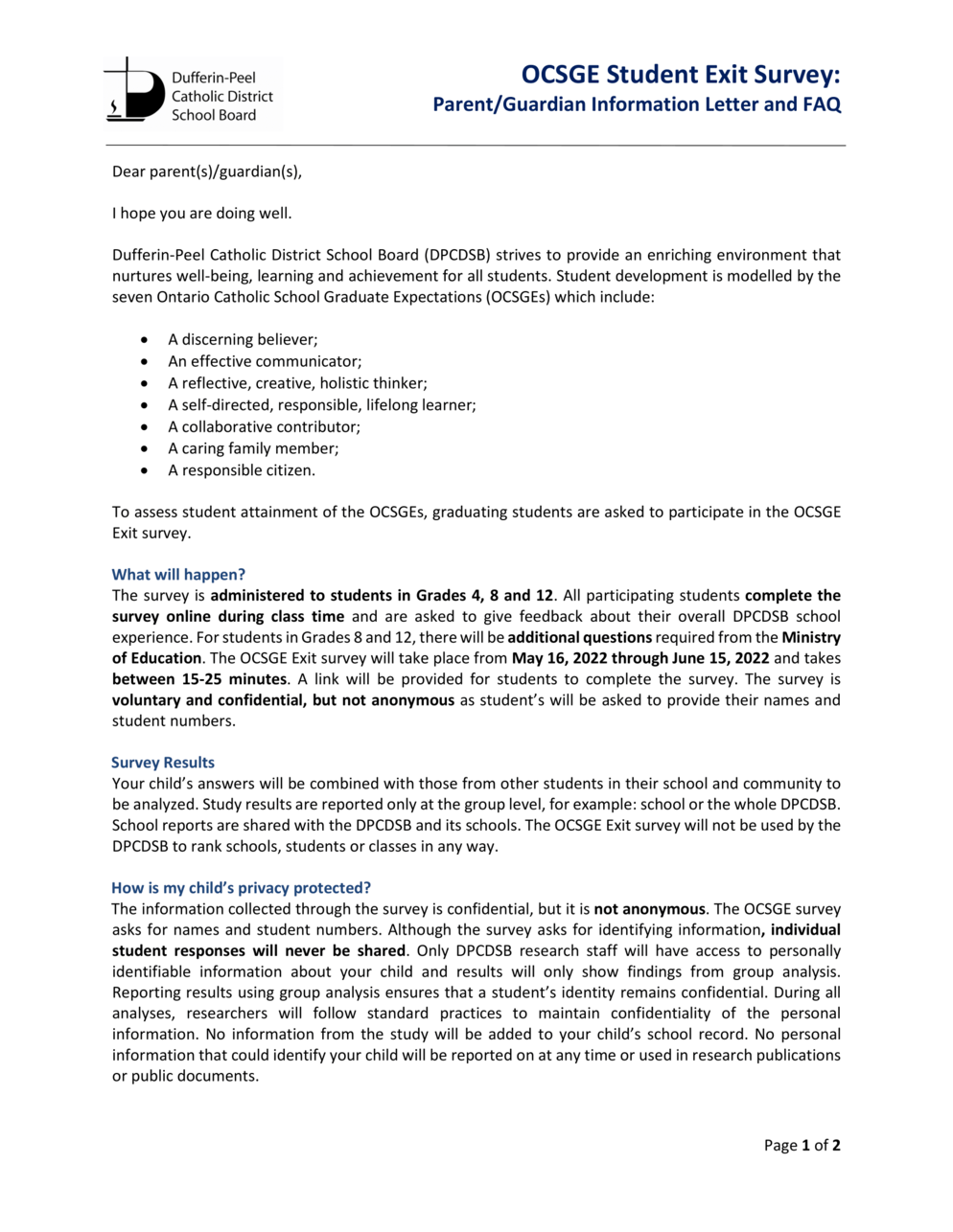 OCSGE Student Exit Survey page 1