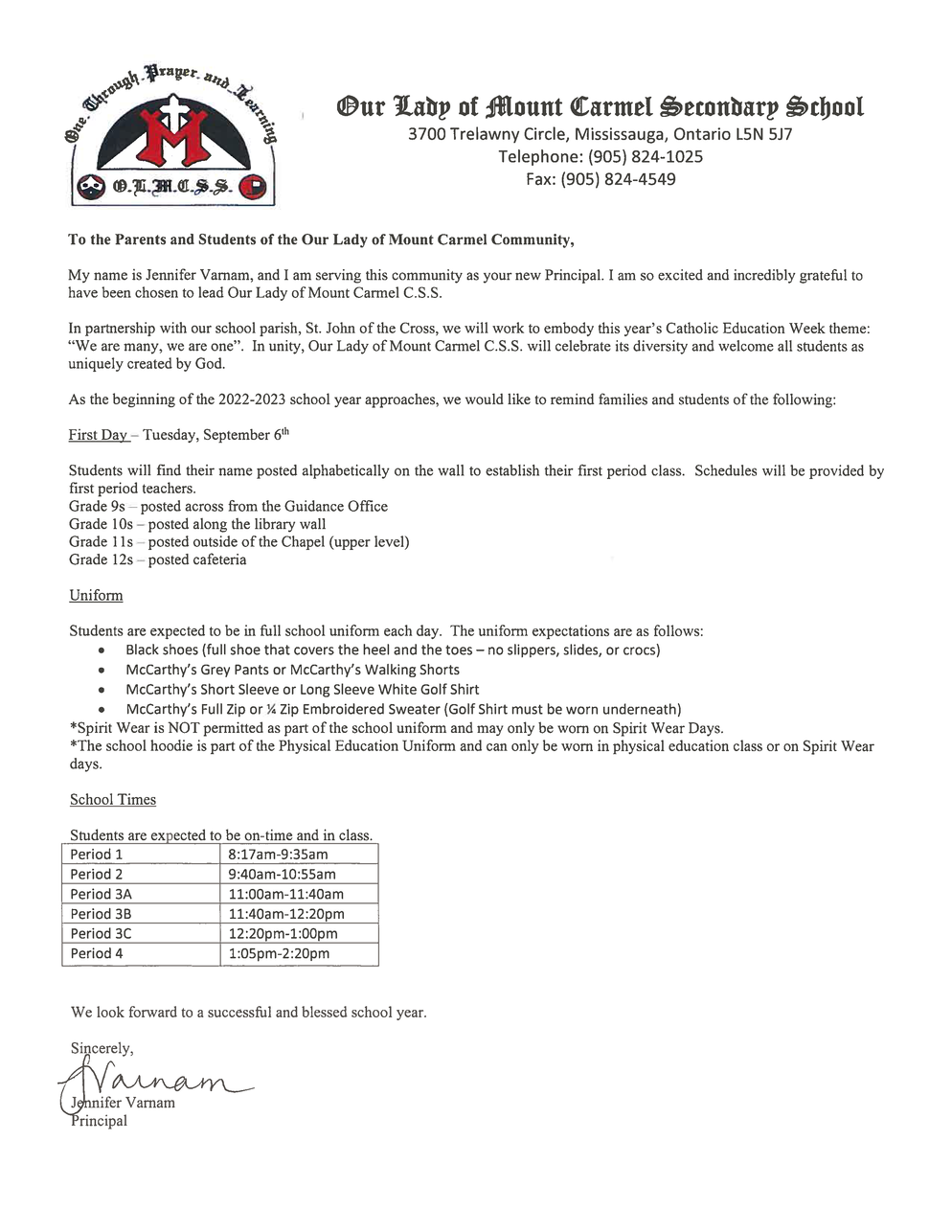 Principal Welcome Letter